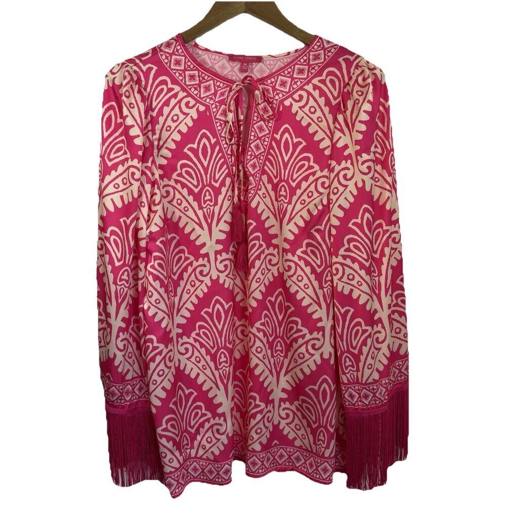 Flying Tomato Blouse Top M Damask Print Kimono Sleeve Tassel Fringe Boho - Picture 2 of 13